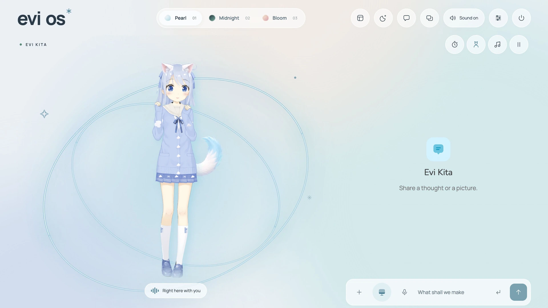 Evi Kita greeting you in the Evi OS companion view, with voice and text conversation controls.