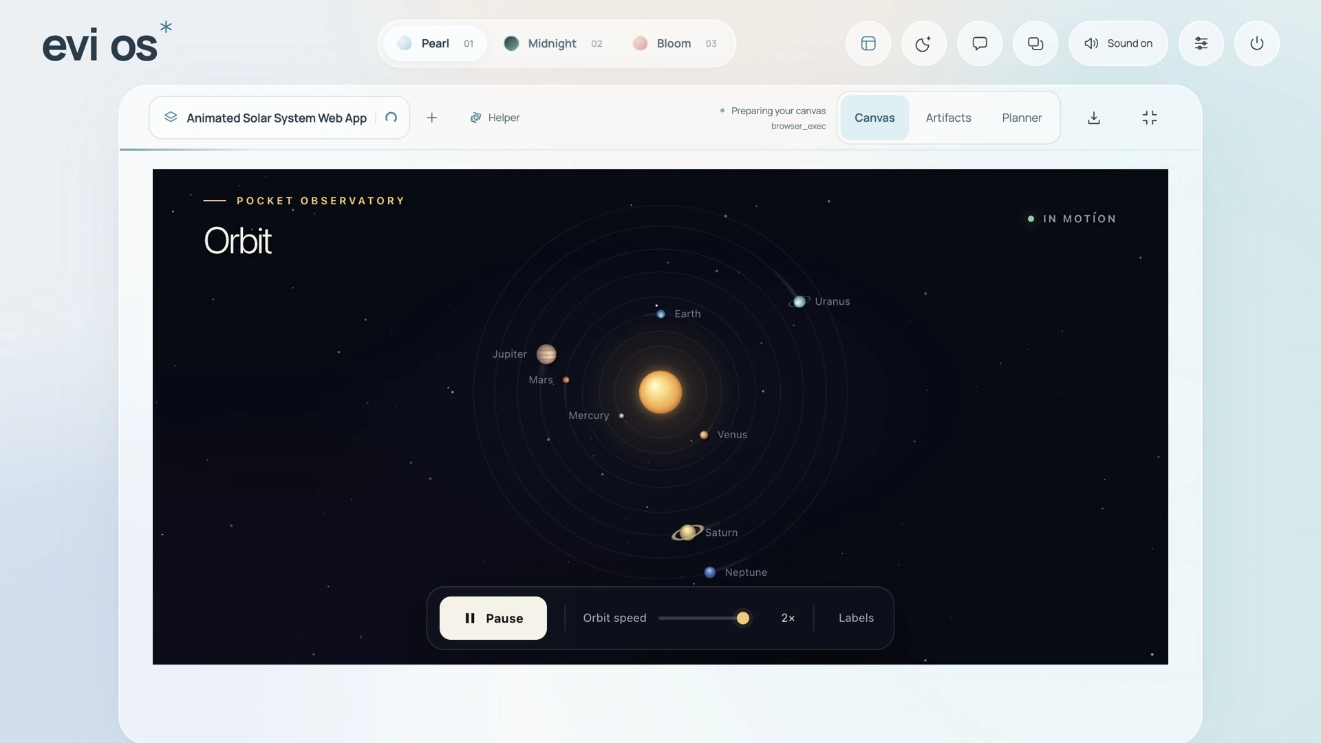 An interactive solar-system app created on the Evi OS canvas, shown in an actual app capture.