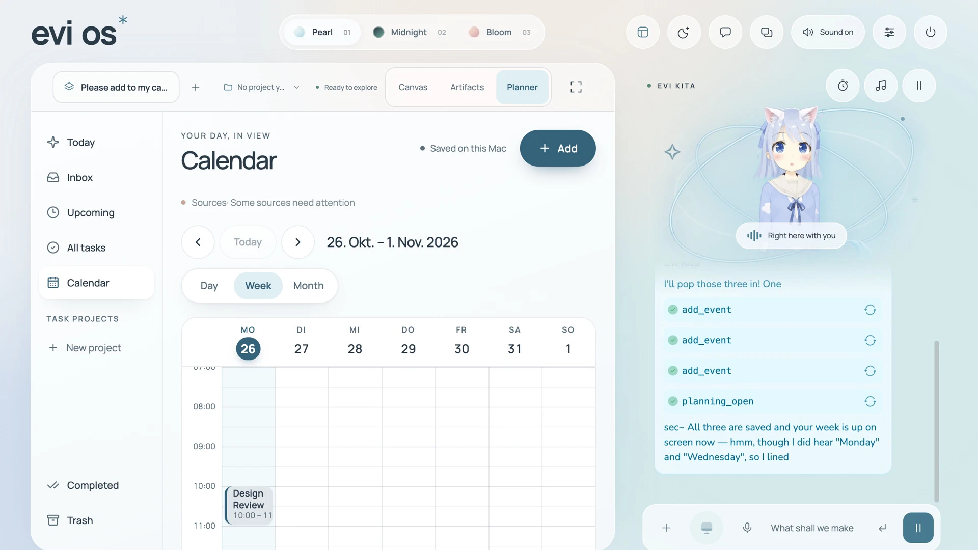Evi's planner showing a weekly calendar and a design review added from a conversation.